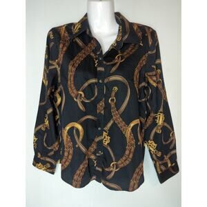 Lauren Ralph Lauren‎ Black Cotton Equestrian  Button-Down Top Womens Large
